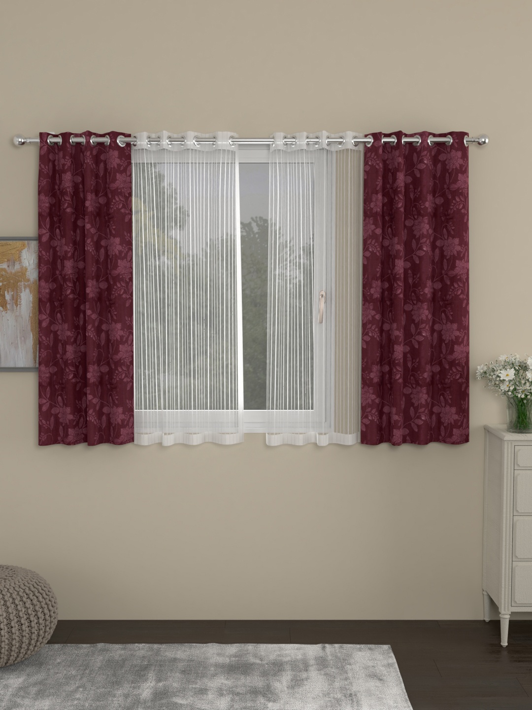 

ROSARA HOME Maroon & White Set of 4 Window Curtains
