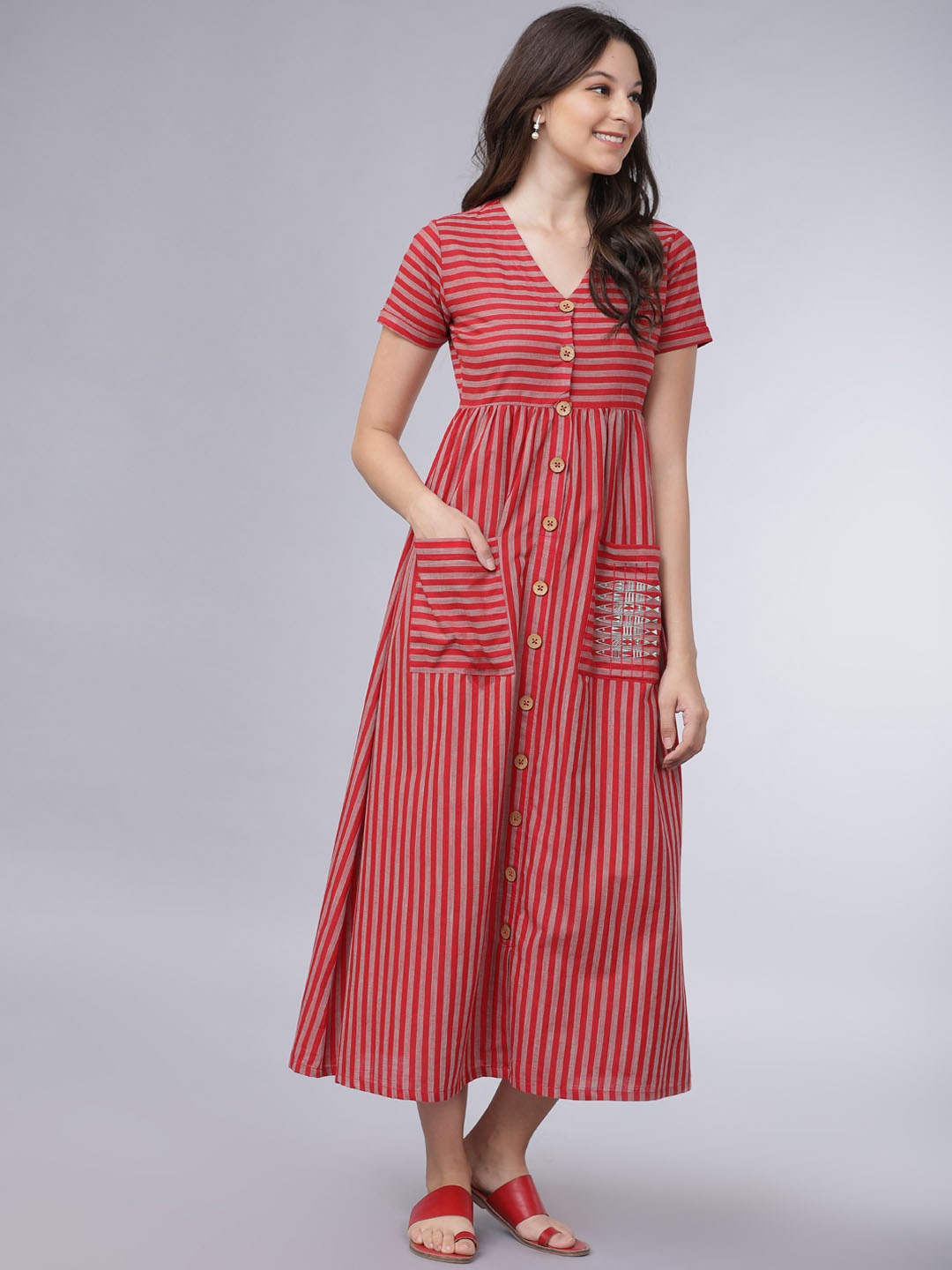 

Vishudh Women Red & Pink Striped Fit and Flare Dress