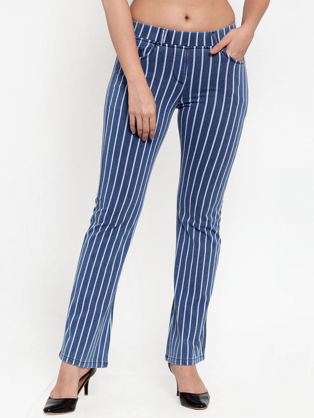

Westwood Women Blue Relaxed Loose Fit Striped Bootcut Trousers