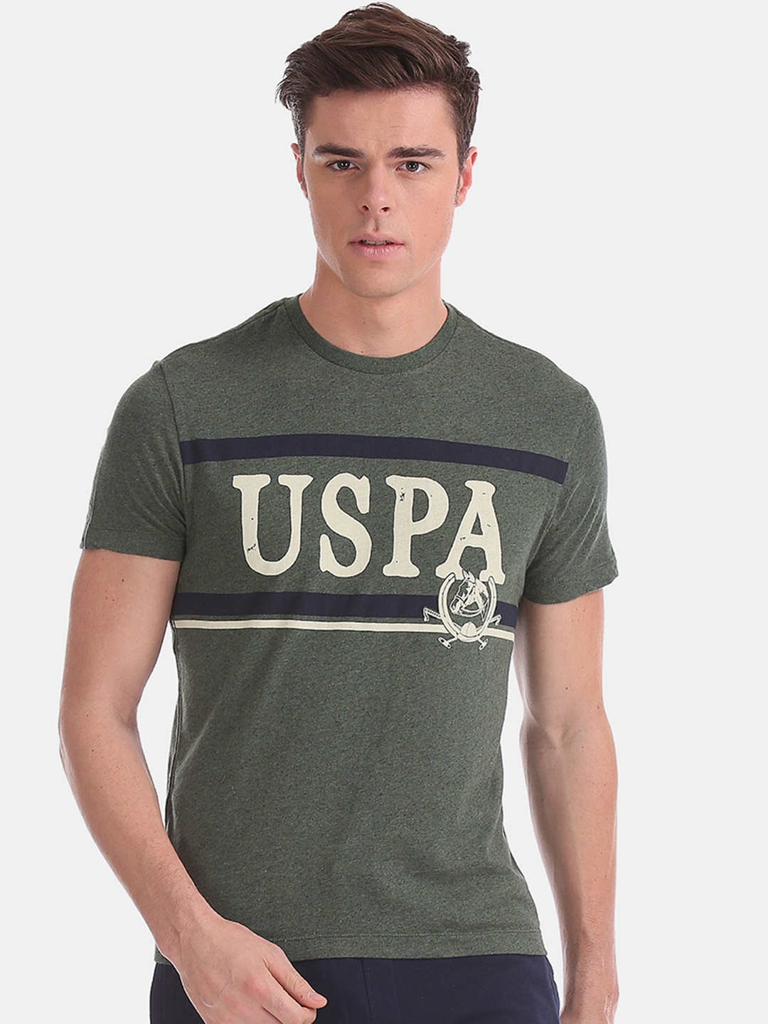 

U.S. Polo Assn. Denim Co. Men Green Printed Round Neck Pure Cotton T-shirt