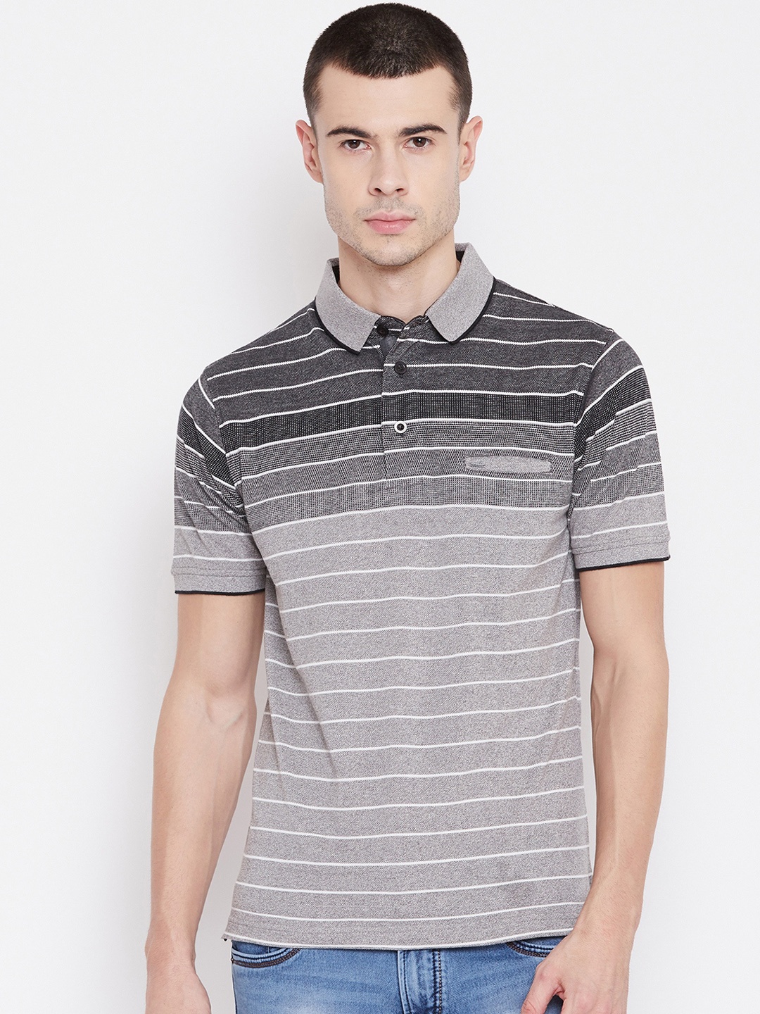 

Okane Men Grey Striped Polo Collar T-shirt