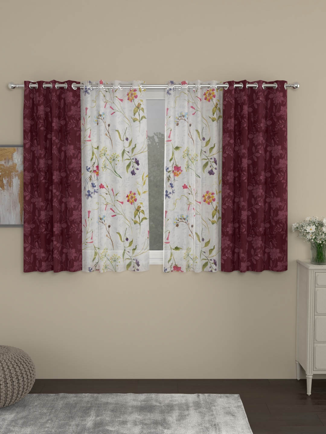 

ROSARA HOME Maroon & White Set of 4 Window Curtains