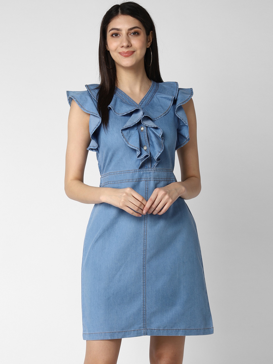 

StyleStone Women Blue Solid Ruffled Denim Dress