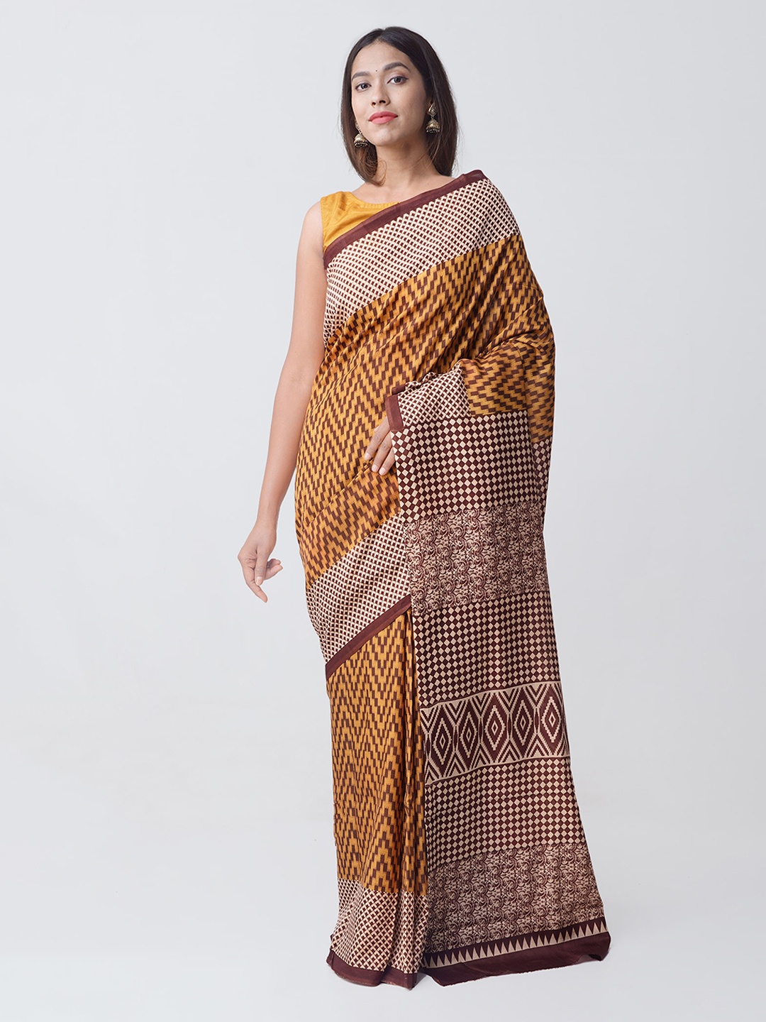 

Unnati Silks Mustard Yellow & Maroon Art Silk Printed Saree