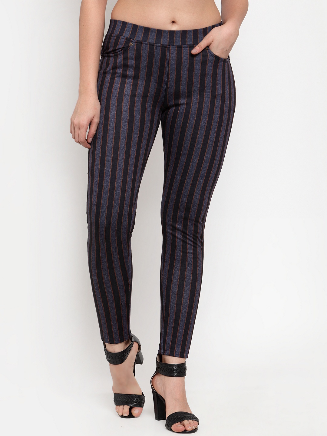 Westwood Women Blue & Grey Striped Skinny-Fit Jeggings