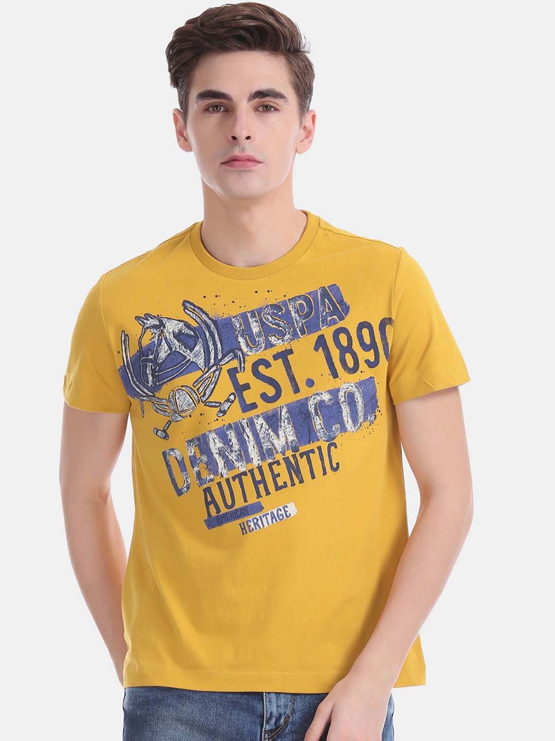 

U.S. Polo Assn. Denim Co. Men Yellow Printed Round Neck Pure Cotton T-shirt