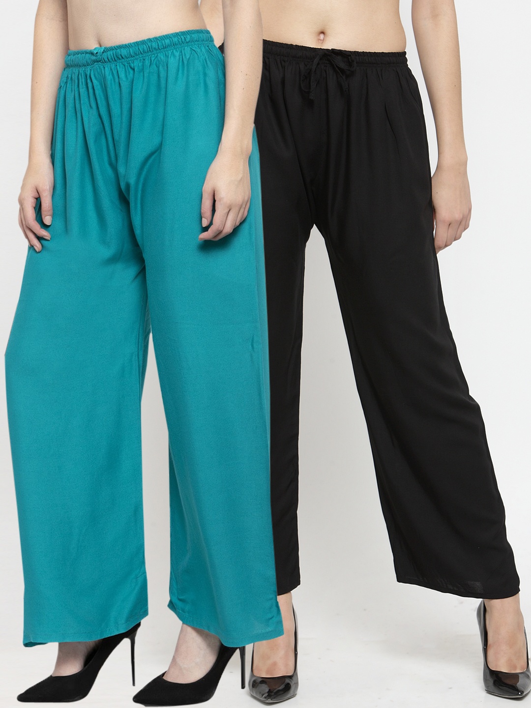 Clora Creation Women Pack Of 2 Turquoise Blue & Black Solid Straight Palazzos