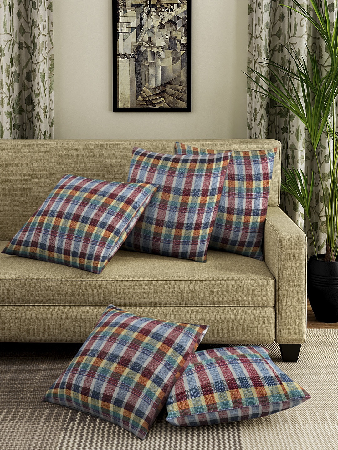 

KLOTTHE Multicoloured Set of 5 Checked Square Cushion Covers, Multi