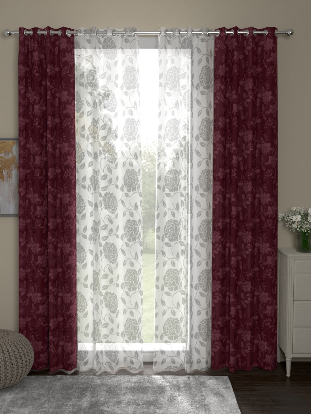 

ROSARA HOME Maroon & White Set of 4 Door Curtains