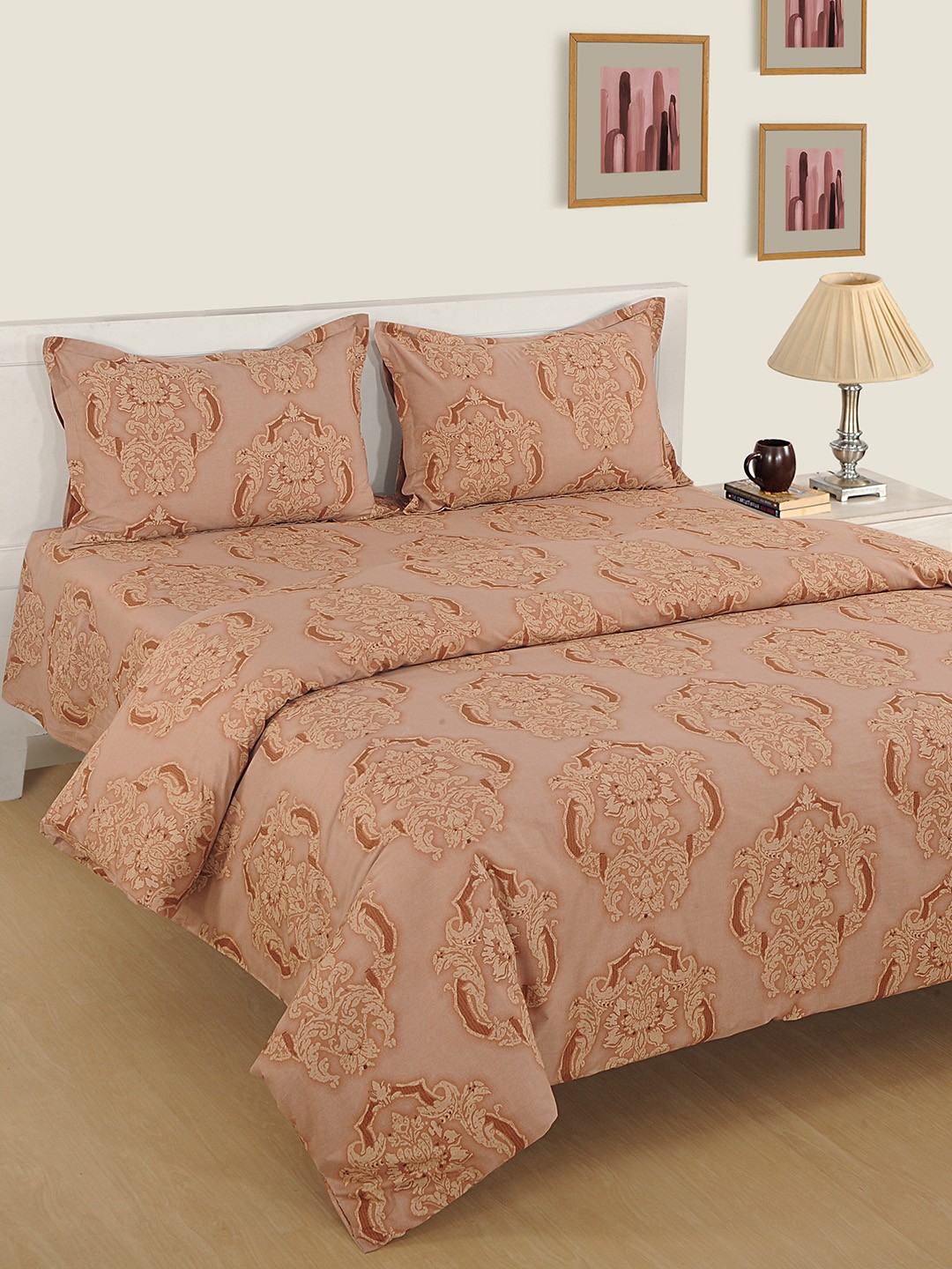 

SWAYAM Tan Ethnic Motifs 600 TC Cotton 1 King Bedsheet with 2 Pillow Covers