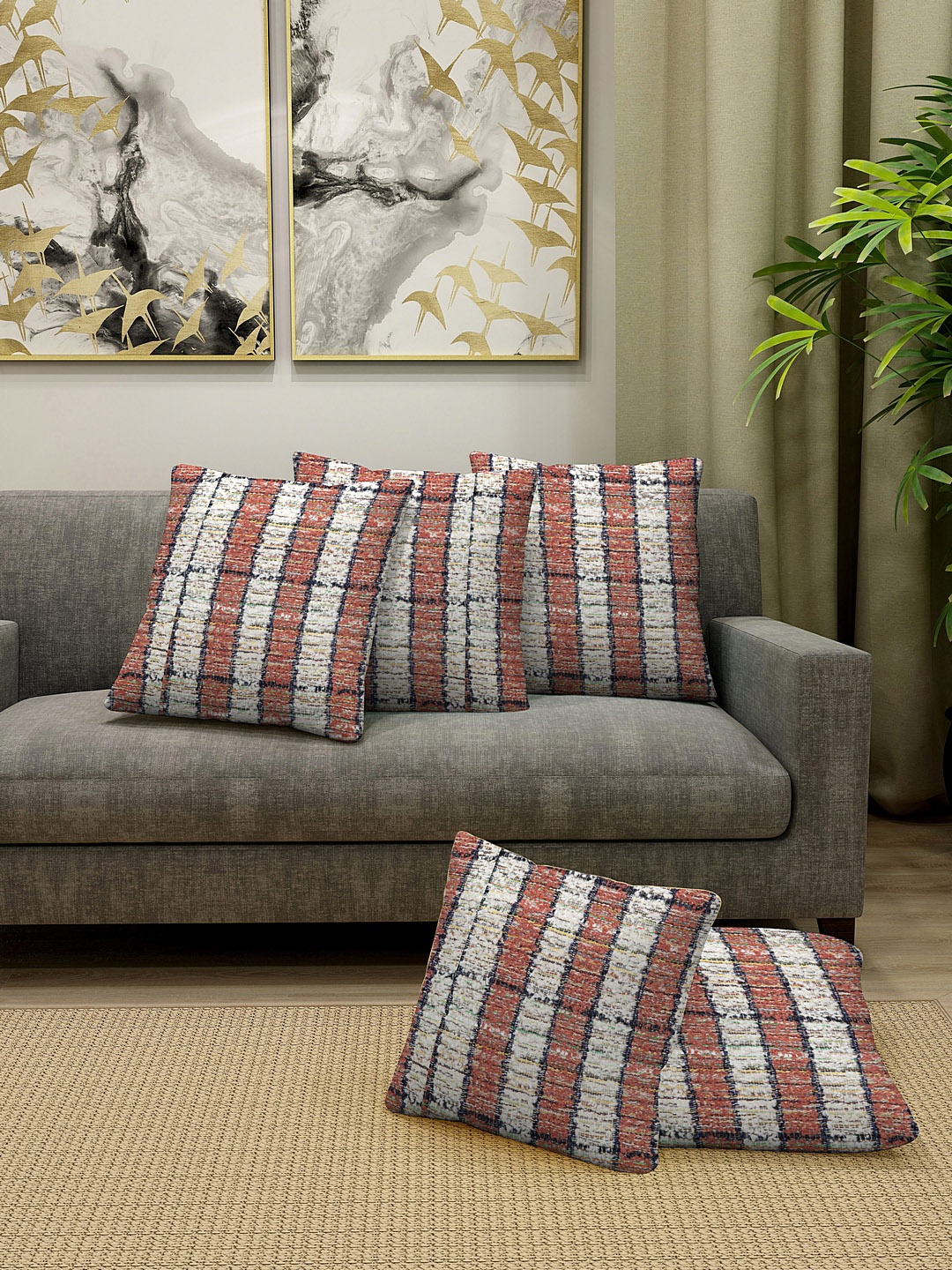 

KLOTTHE Bronze-Toned & Off-White Set of 5 Striped Square Cushion Covers