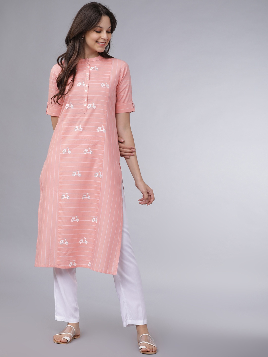 

Vishudh Women Coral & White Striped Straight Kurta