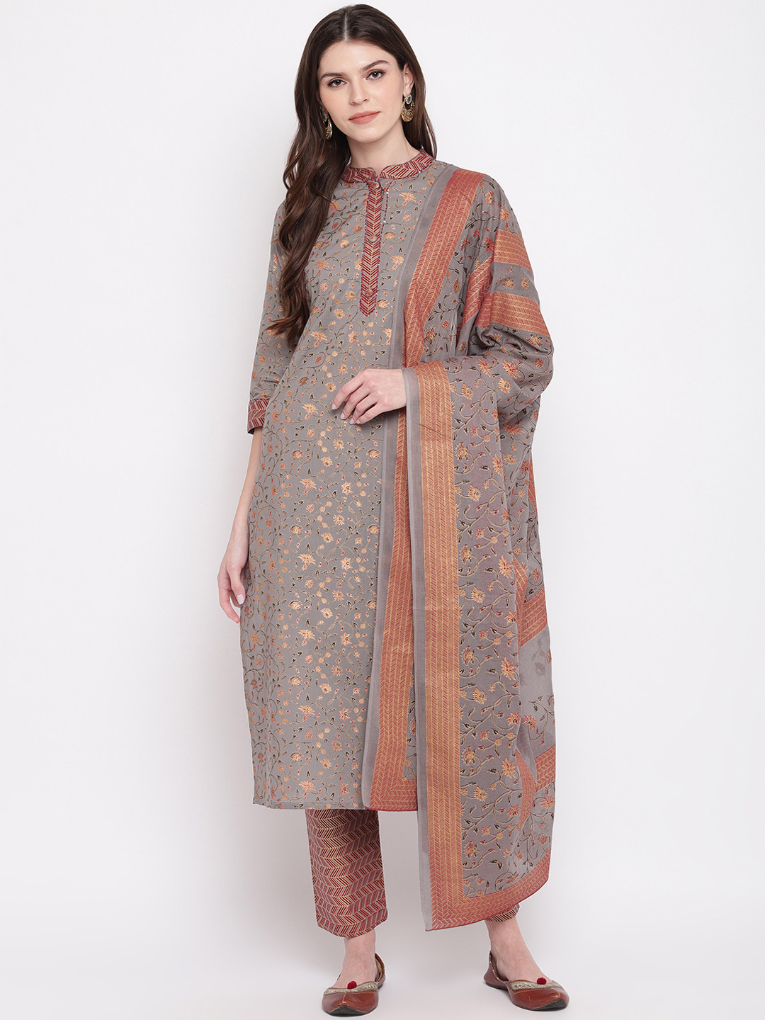 

Vbuyz Women Grey & Orange Embroidered Kurta with Trousers & Dupatta