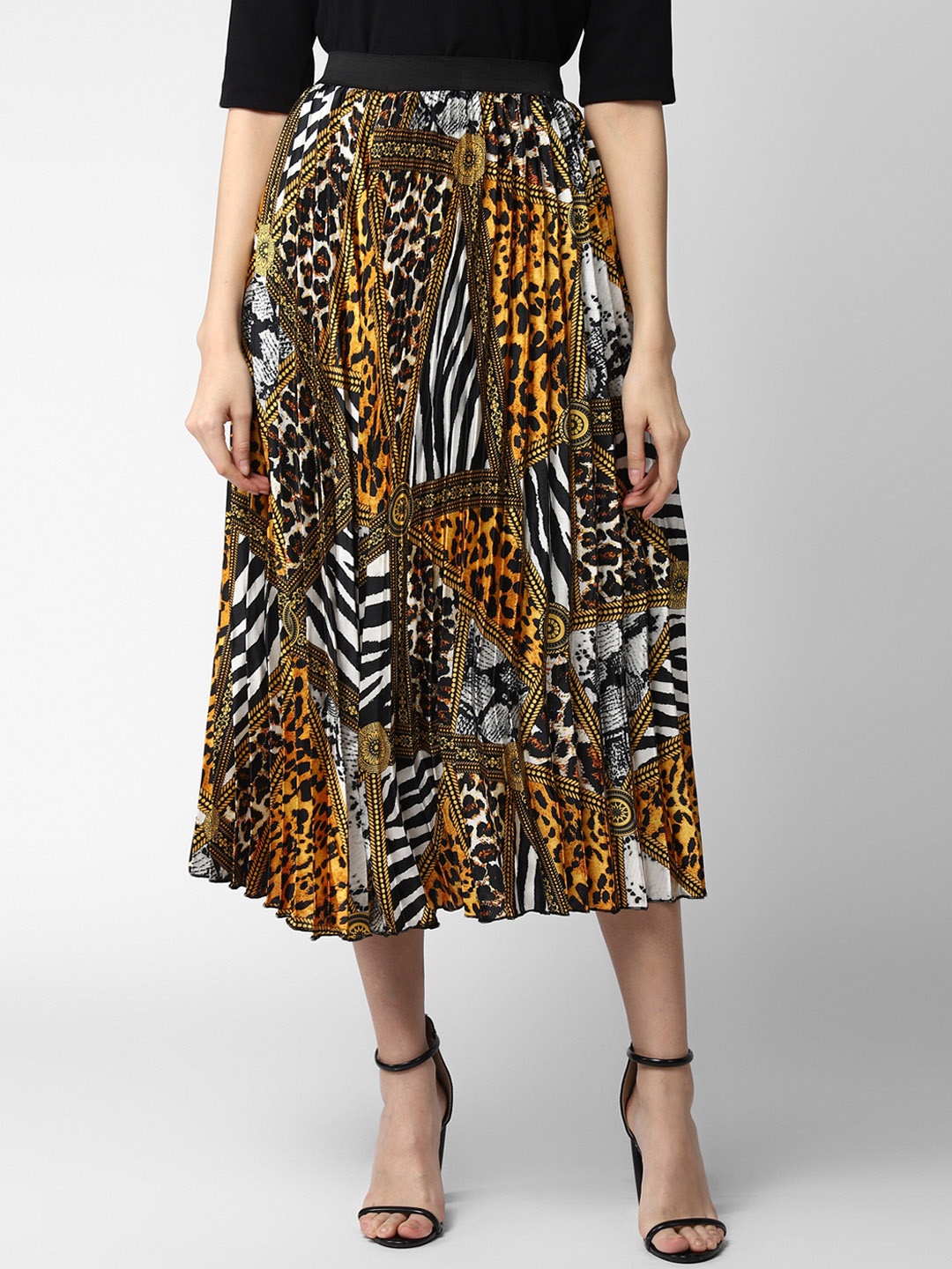 

StyleStone Women Yellow Printed Satin Pleated Midi Skirt