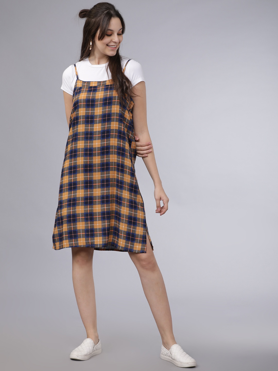 

Tokyo Talkies Women Mustard Yellow & Navy Blue Checked Pinafore Dress
