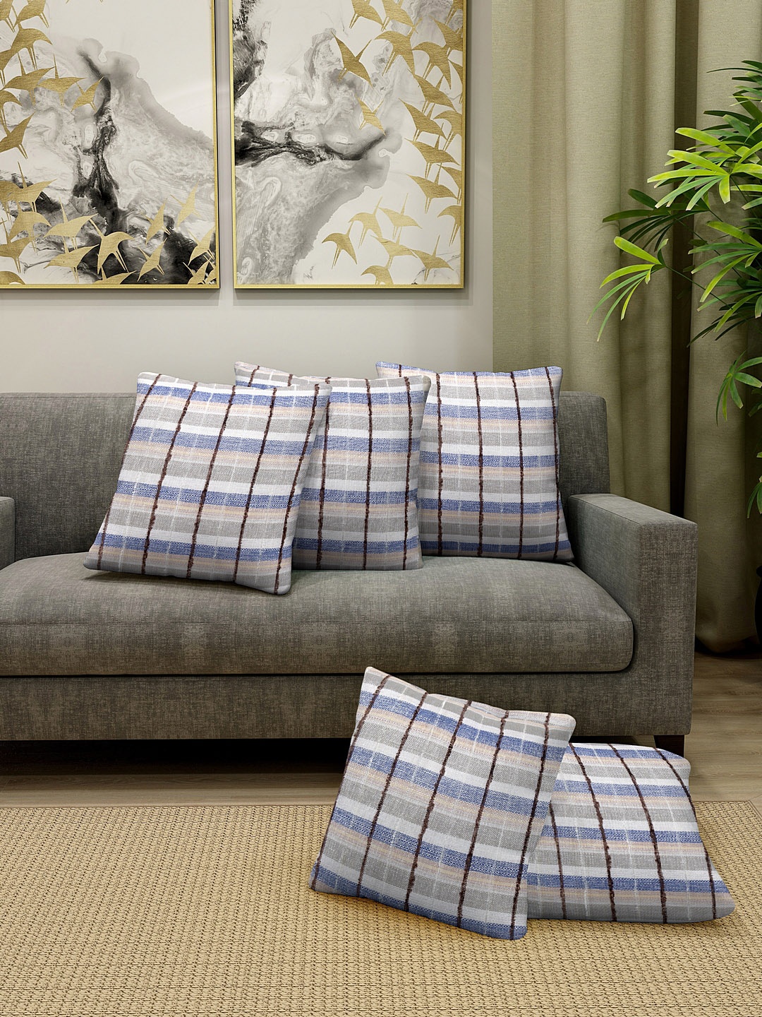 KLOTTHE Beige & Blue Set of 5 Checked Square Cushion Covers