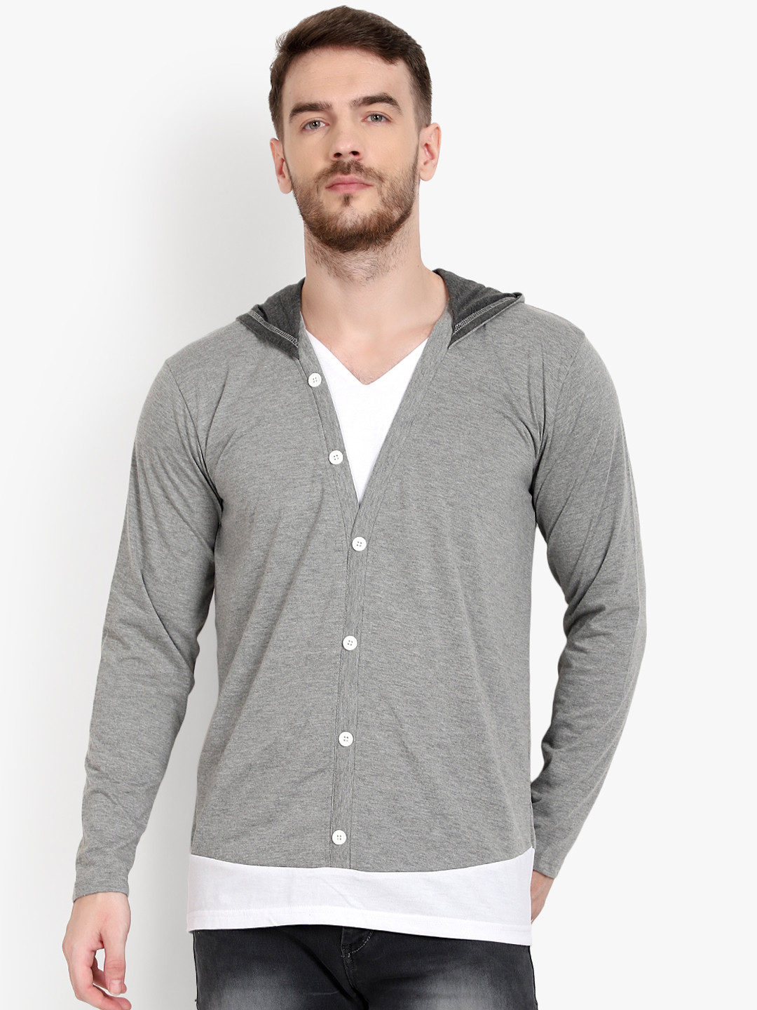 

PAUSE SPORT Men Grey Slim Fit Solid Hood Pure Cotton T-shirt