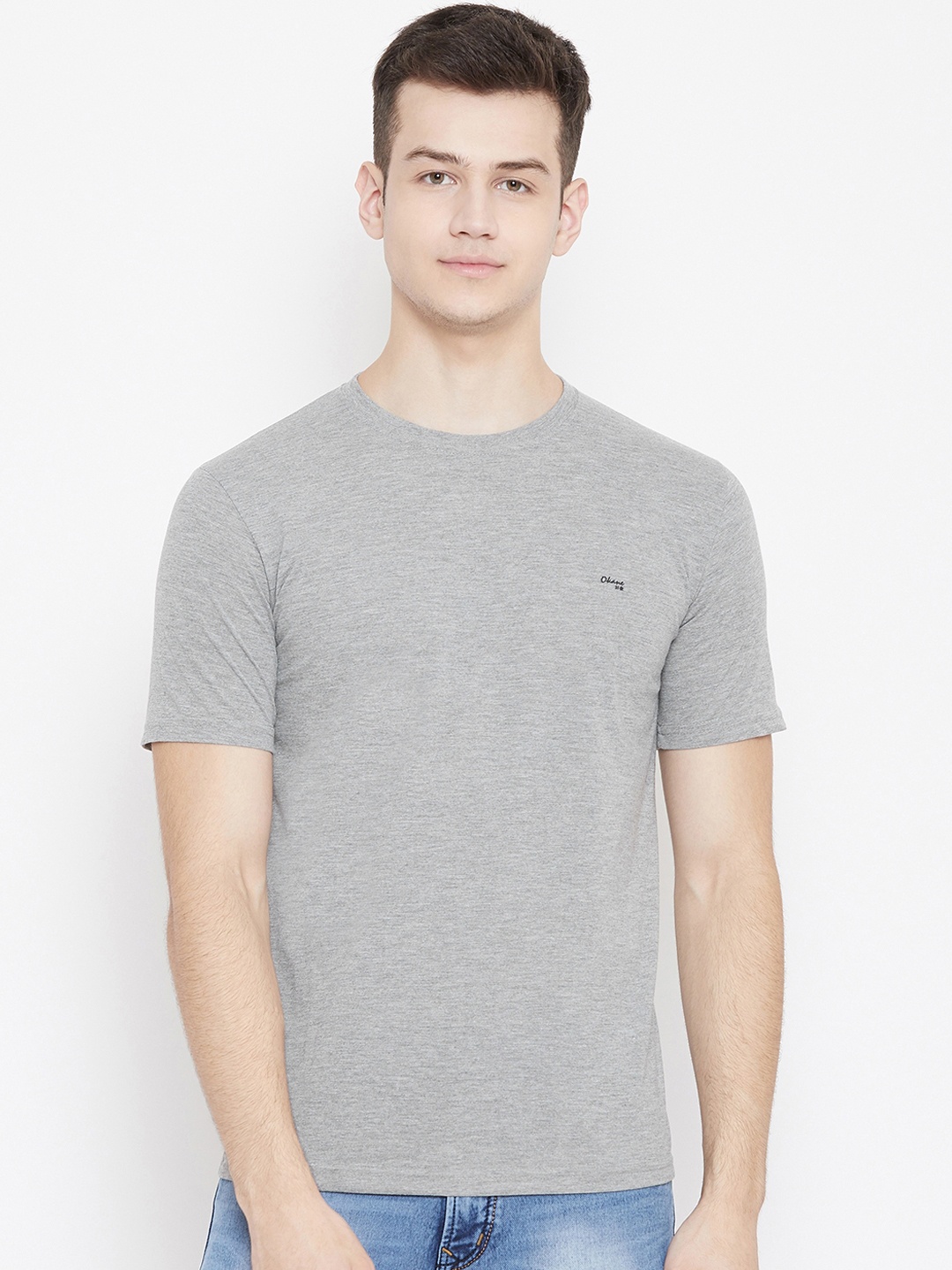 

Okane Men Grey Melange Solid Round Neck T-shirt