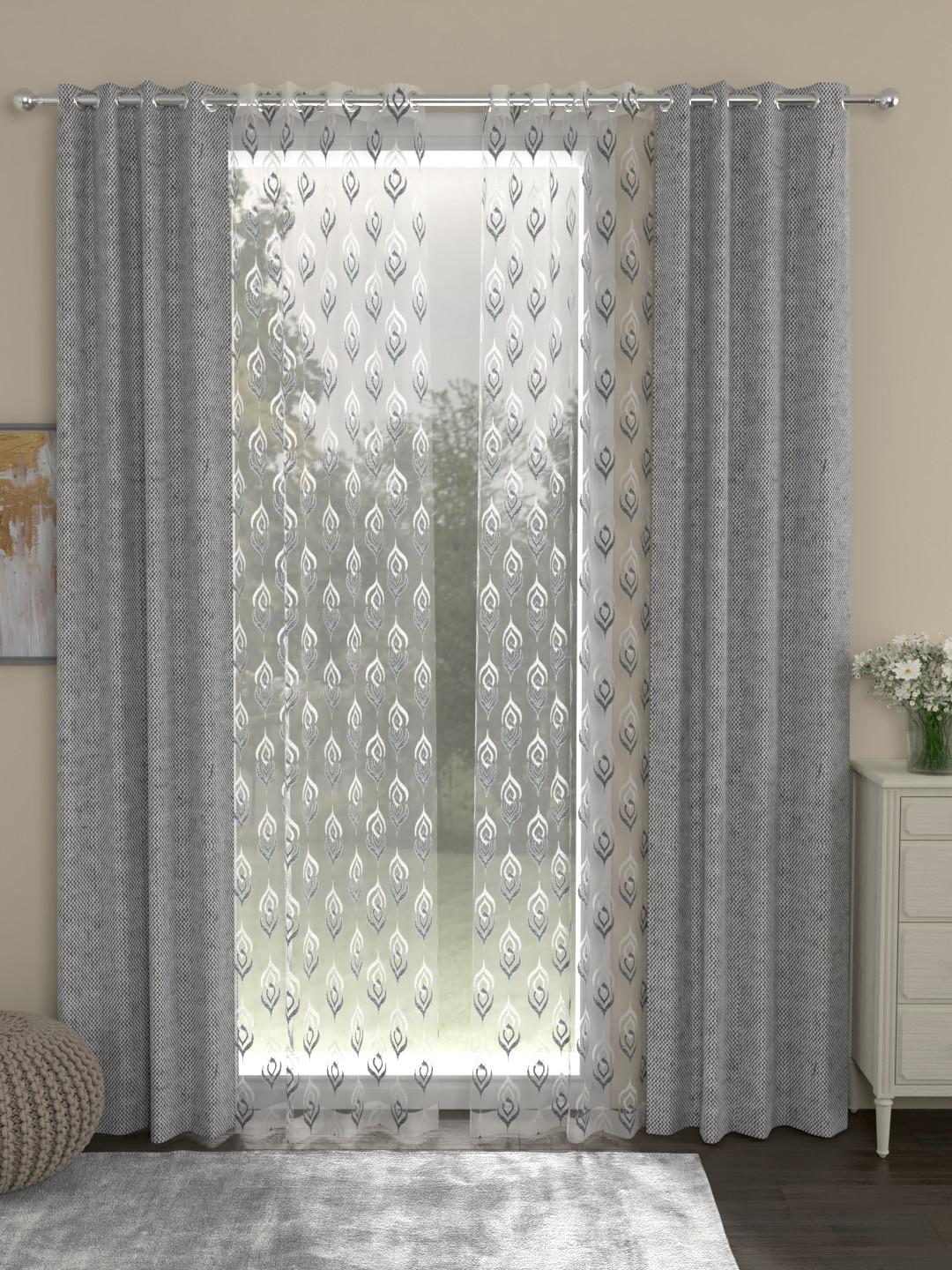 

ROSARA HOME Grey & White Set of 4 Door Curtains