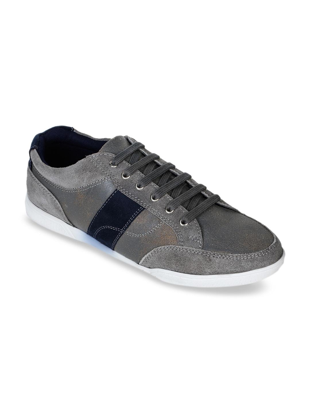 

Bruno Manetti Men Grey & Navy Blue Colourblocked Leather Sneakers