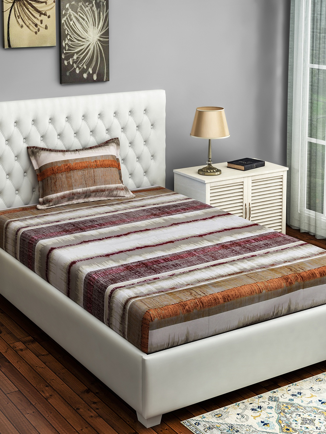

SWAYAM Grey & Maroon Striped 160 TC Cotton 1 Single Bedsheet with 1 Pillow Covers
