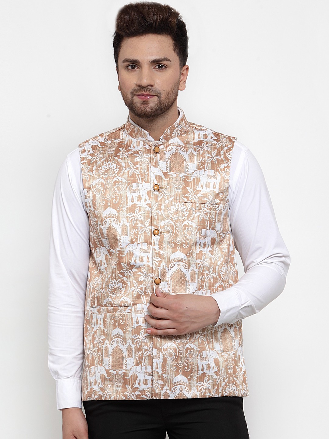

Jompers Men Beige & White Printed Nehru Jacket