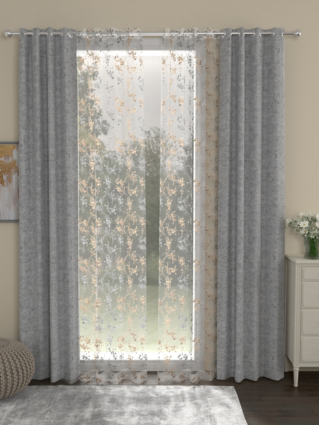 

ROSARA HOME Grey & Beige Set of 4 Door Curtains