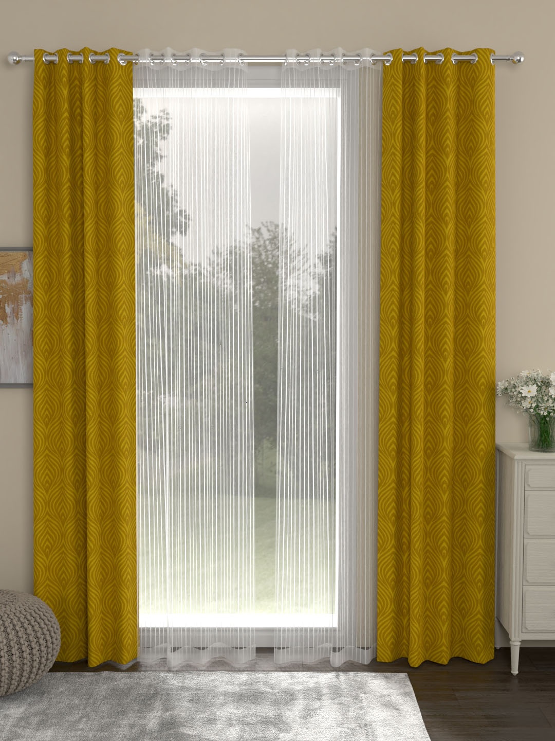 ROSARA HOME Yellow & White Set of 4 Door Curtains