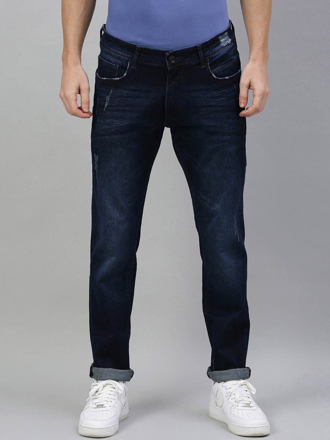 

RARE RABBIT Men Blue Low Distress Light Fade Stretchable Jeans