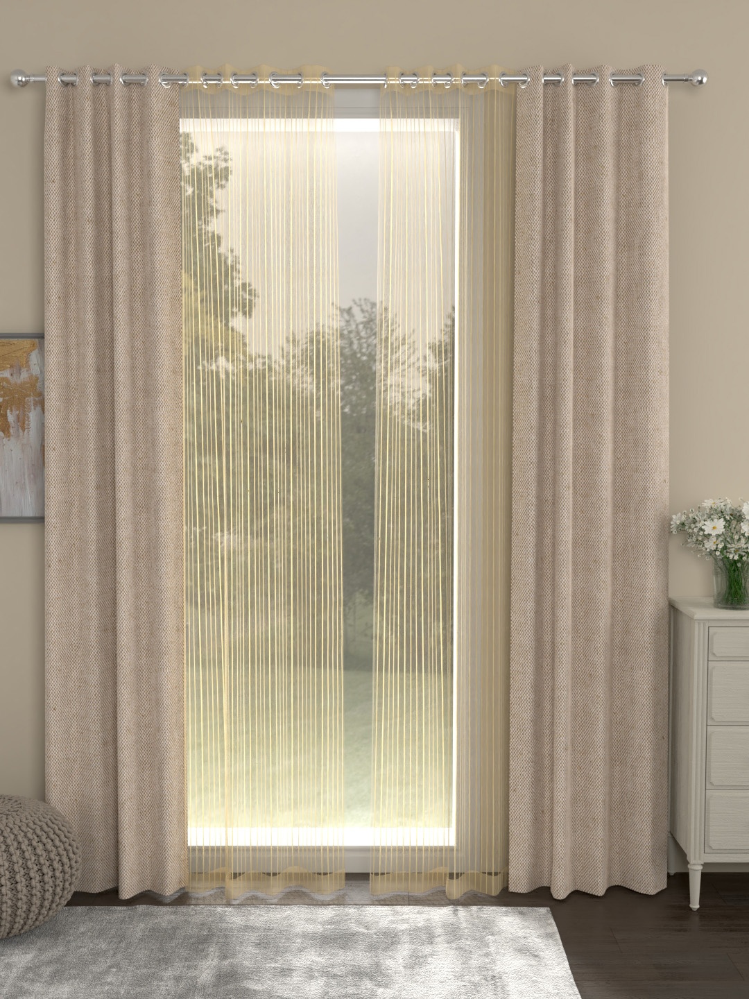 ROSARA HOME Beige & Gold-Toned Yarn Dyed Set of 4 Door Curtains