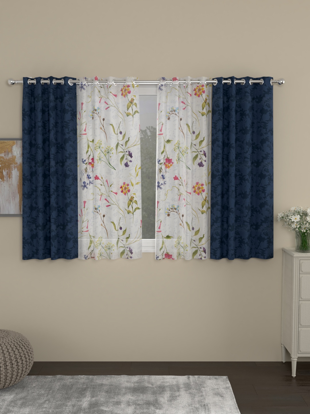 

ROSARA HOME Navy Blue & White Set of 4 Window Curtains