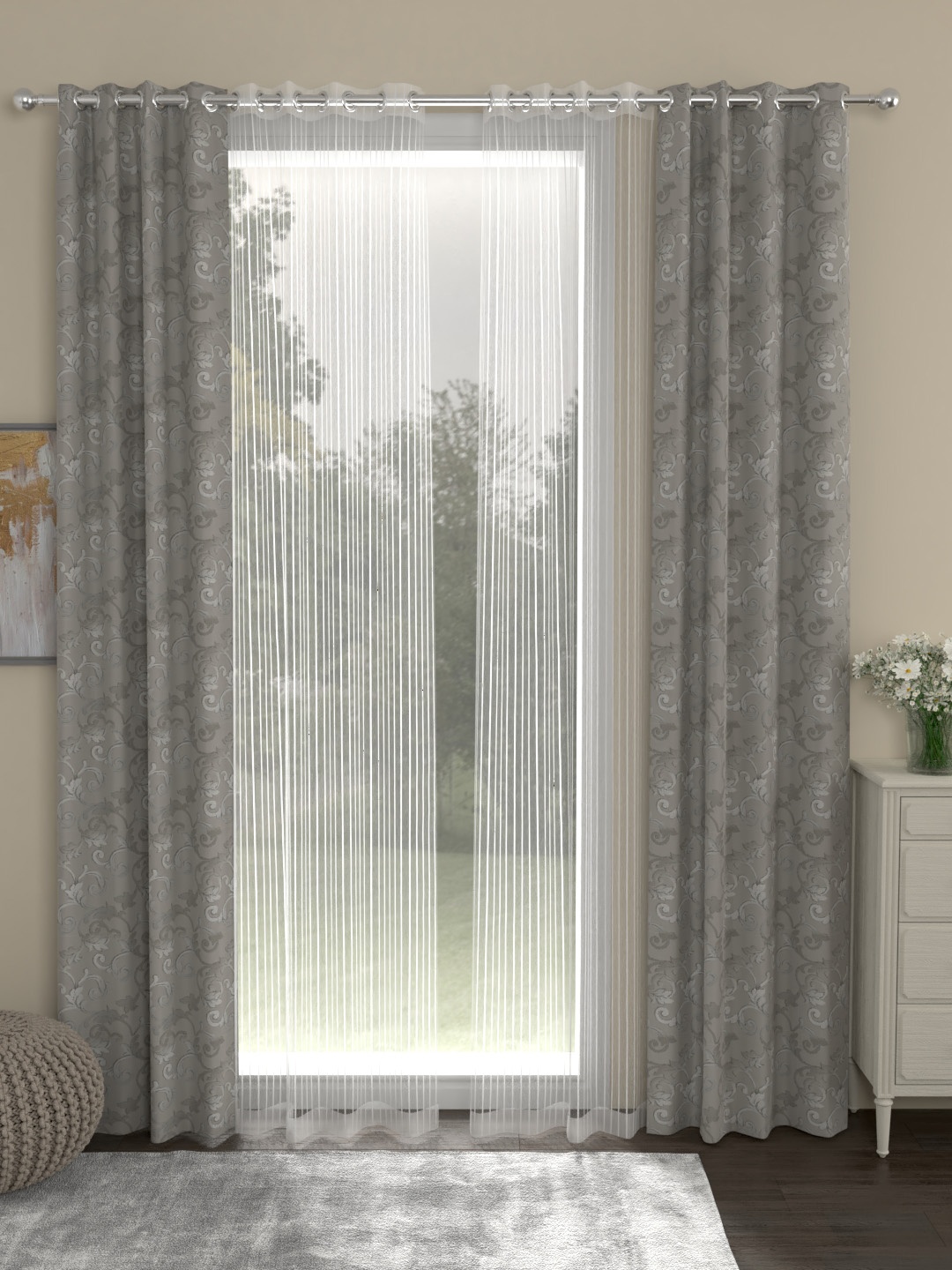 

ROSARA HOME Grey & White Set of 4 Door Curtains