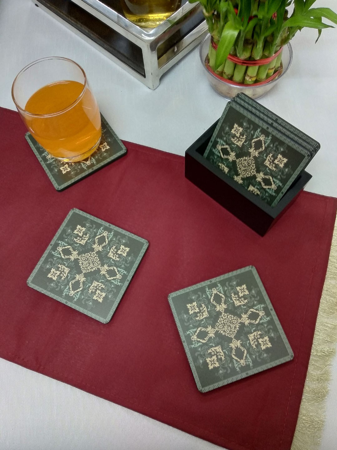 

CRAYTON Set Of 6 Green Mughal Art Printed Square MDF Coasters With Holder