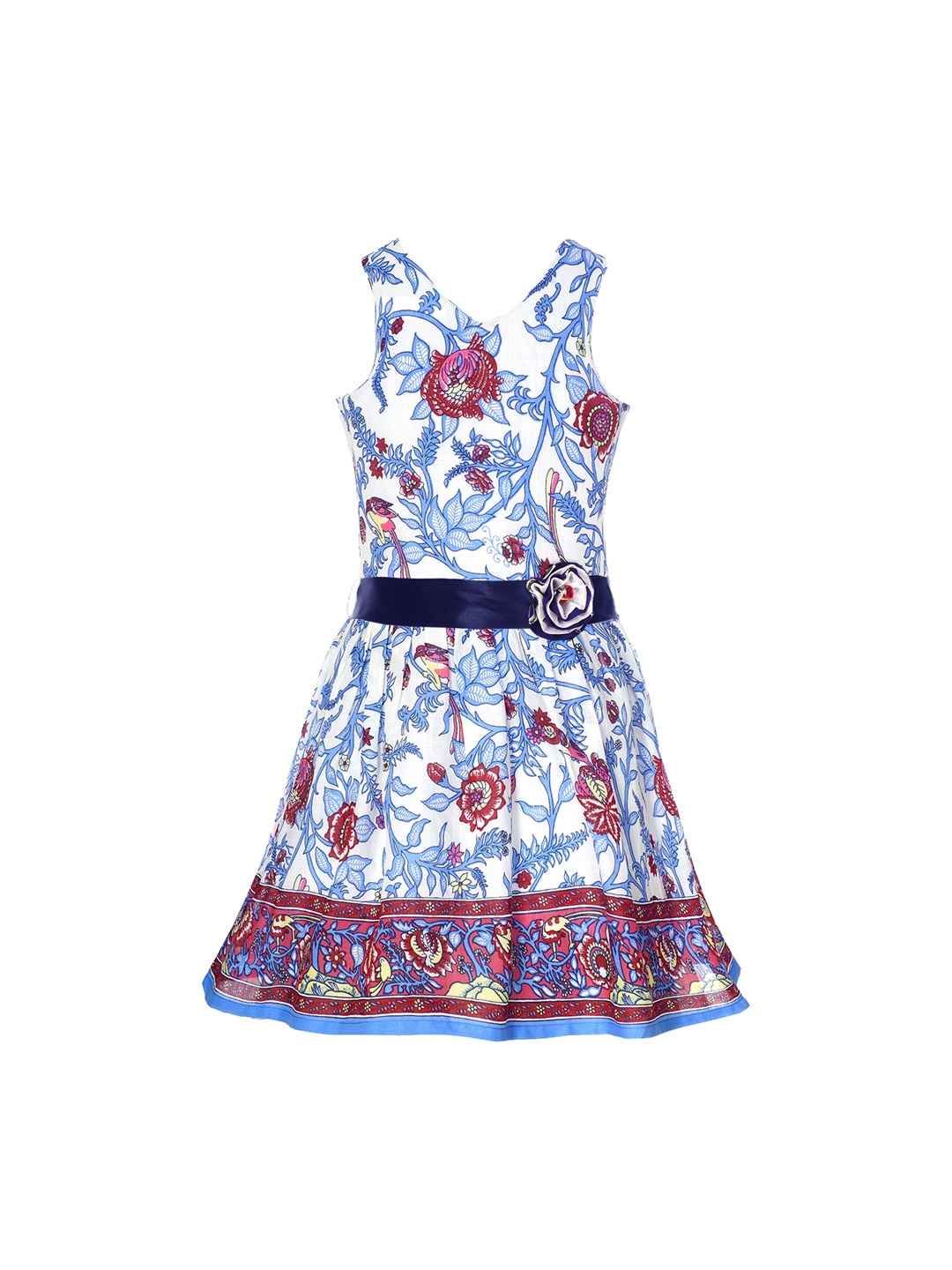 naughty ninos Girls White & Blue Printed Fit and Flare Dress with Gathers