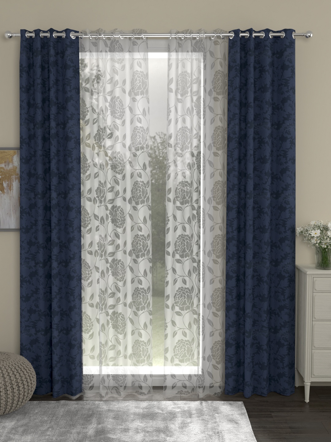 

ROSARA HOME Navy Blue & White Set of 4 Door Curtains