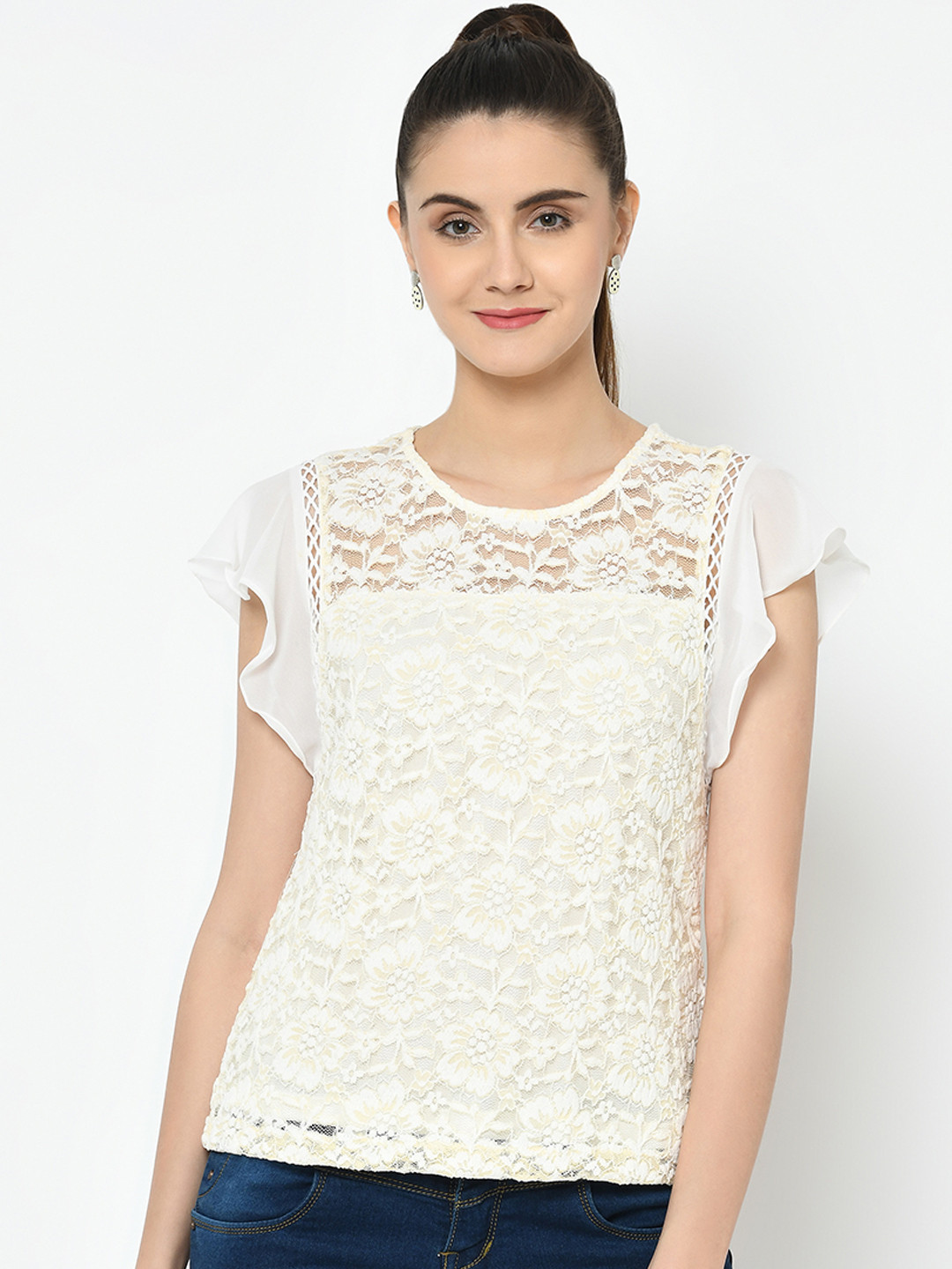 

Latin Quarters Women Off-White Self Design Floral Lace Top
