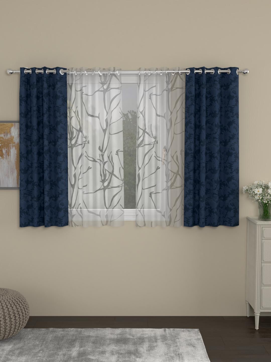 

ROSARA HOME Navy Blue & White Set of 4 Window Curtains