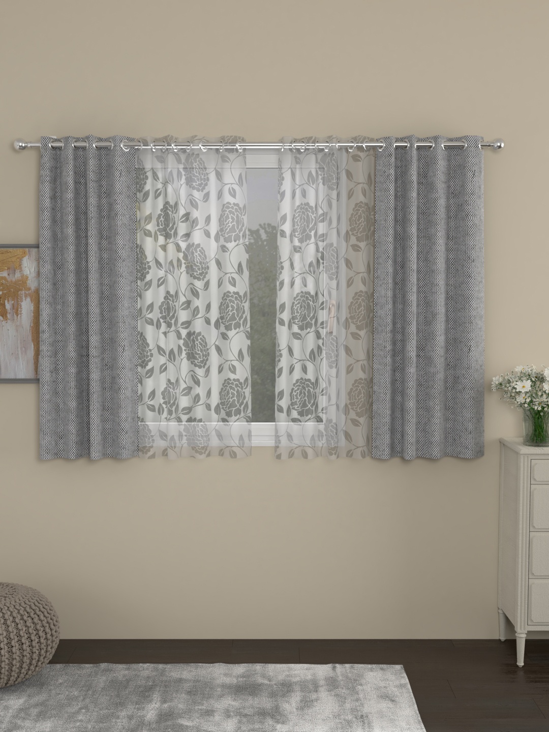 

ROSARA HOME Grey & White Yarn Dyed Belle Set of 4 Window Curtains
