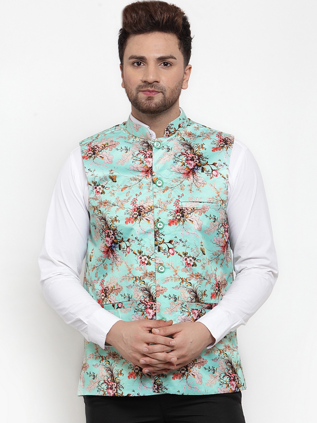 

Jompers Men Turquoise Blue & Pink Printed Nehru Jacket