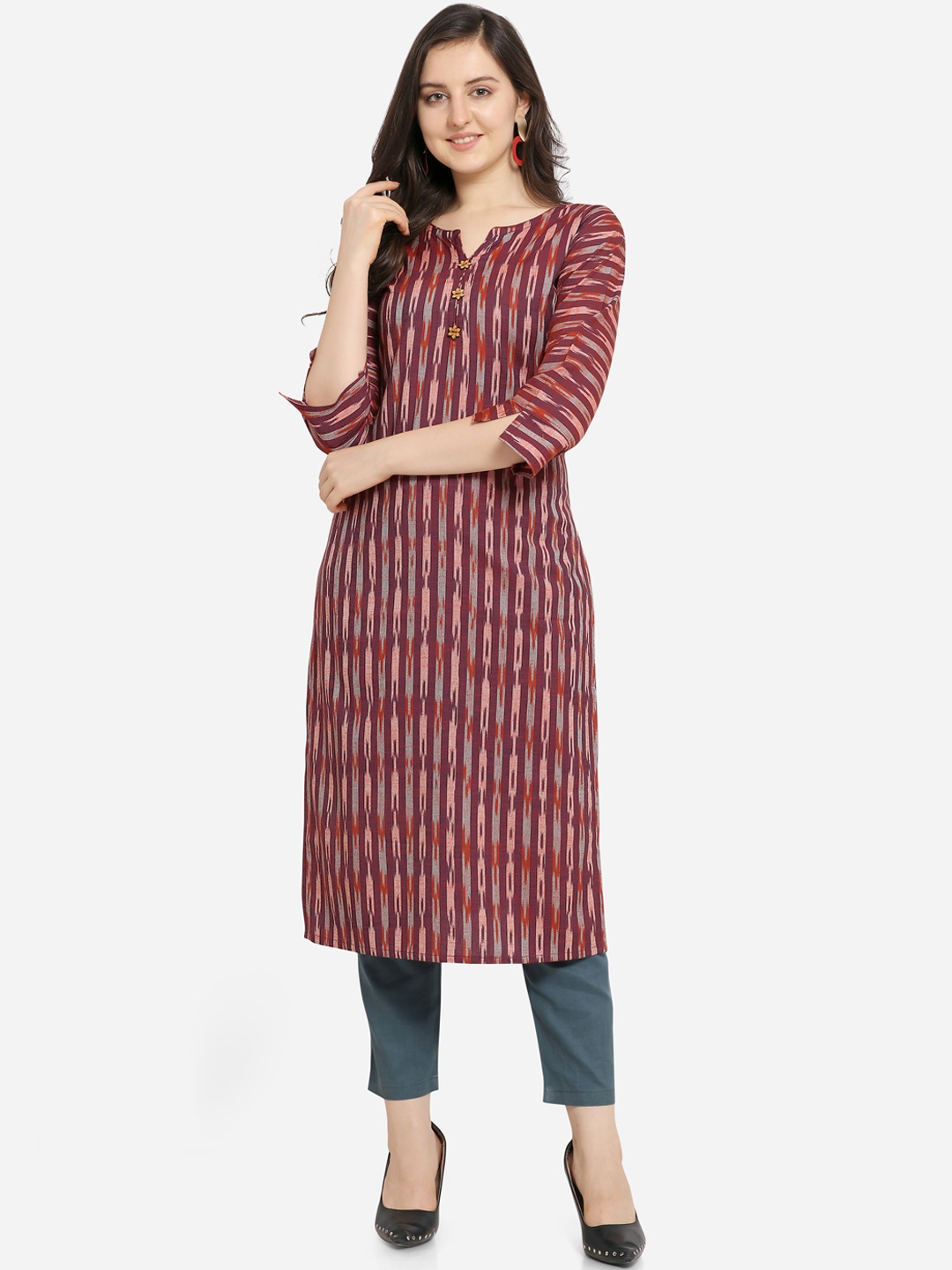 

Kvsfab Women Maroon Printed Straight Kurta