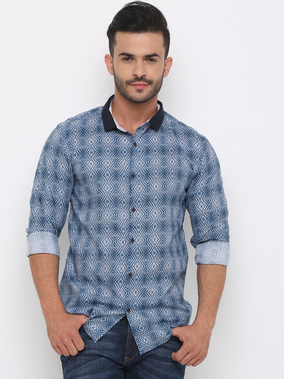 

WITH Men Blue Slim Fit Printed Casual Shirt