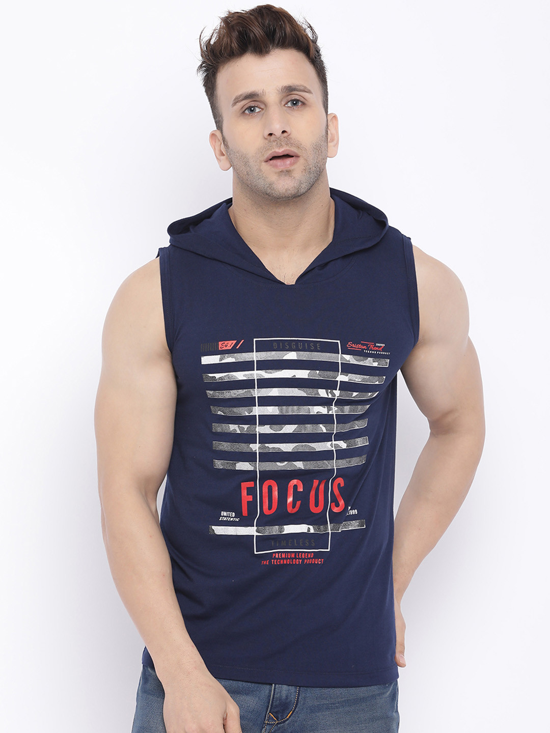 

CHKOKKO Men Navy Blue Printed Hood T-shirt