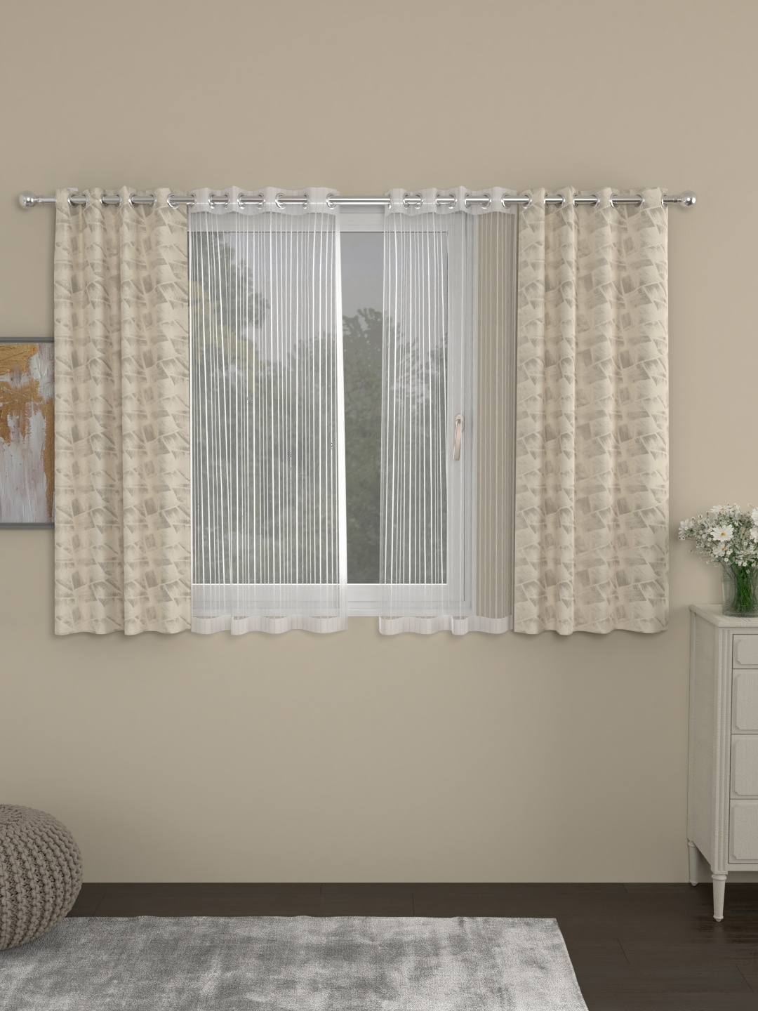 

ROSARA HOME Beige & White Set of 4 Window Curtains