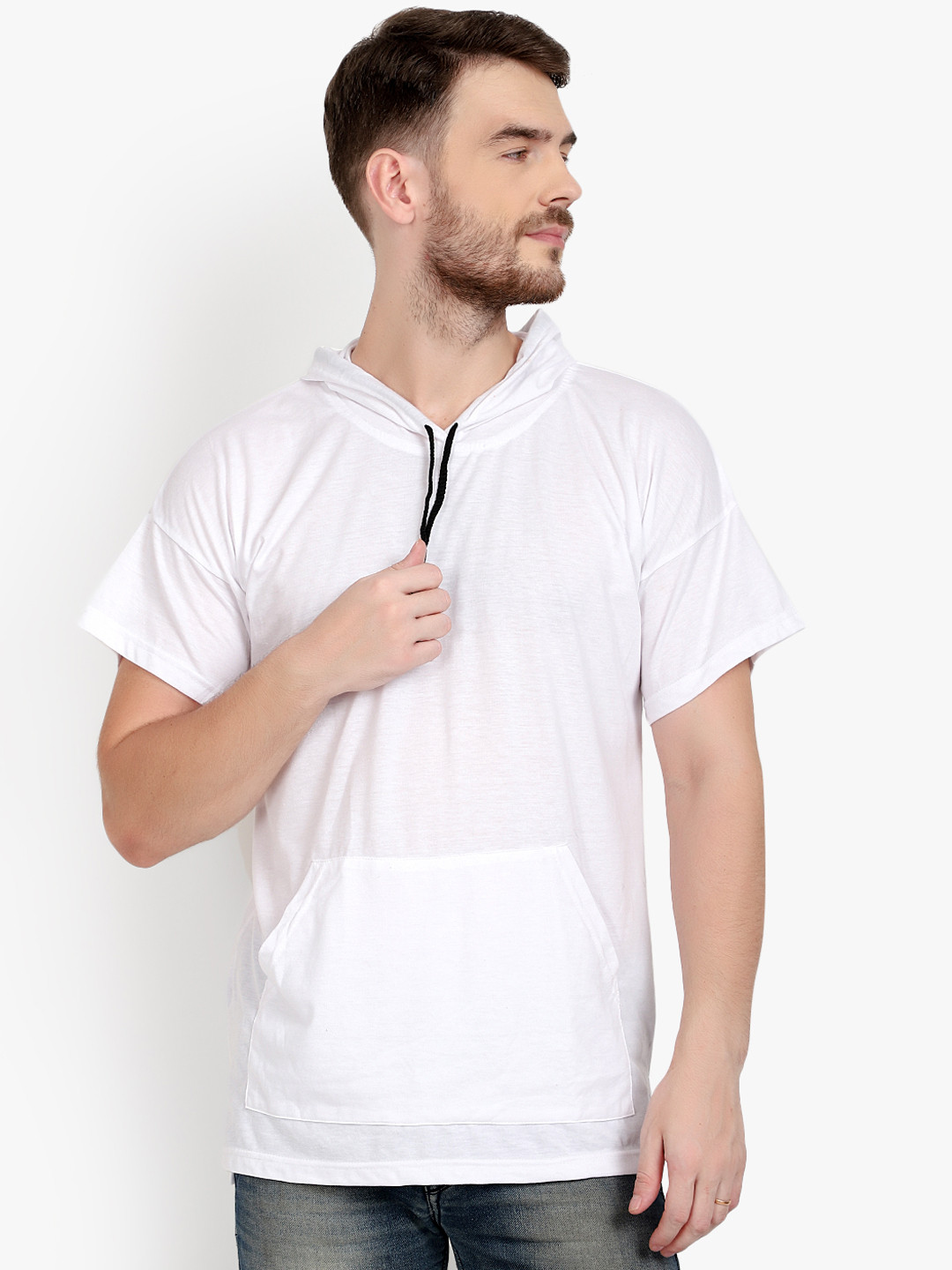 

PAUSE SPORT Men White Solid Slim Fit Hood Pure Cotton T-shirt