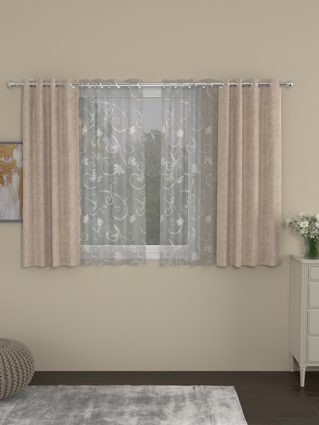 

ROSARA HOME Beige & White Yarn Dyed Lydia Set of 4 Window Curtains