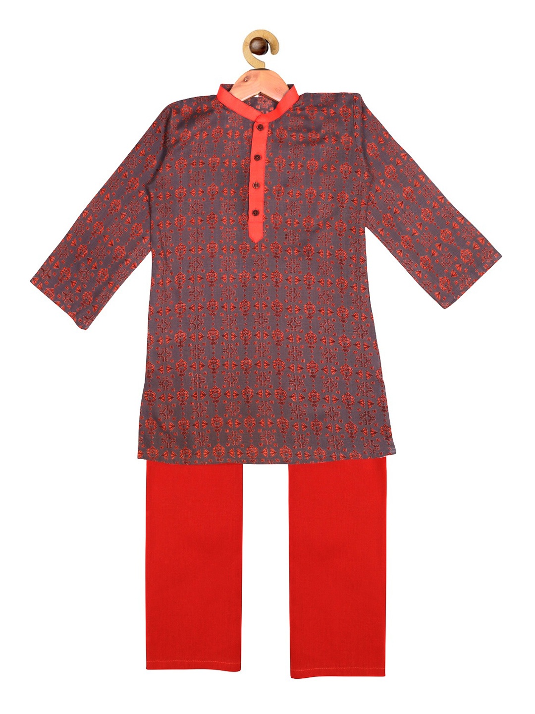 

SOULFULLY INDIAN Boys Grey & Red Printed Kurta with Pyjamas