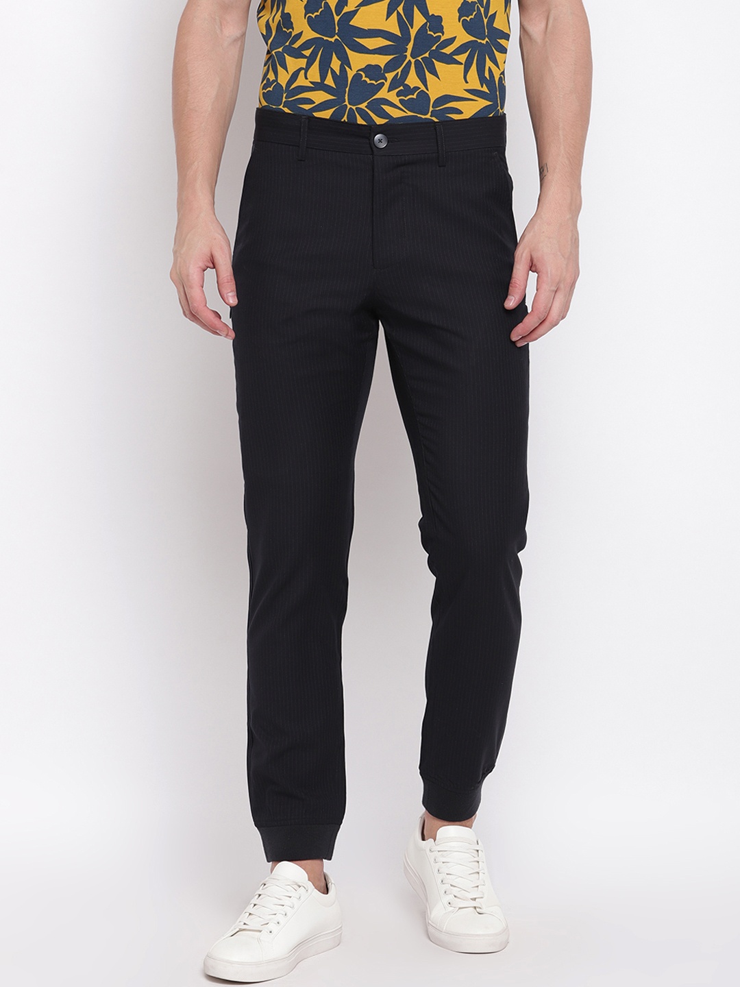 

LINDBERGH Men Navy Blue Slim Fit Striped Regular Trousers