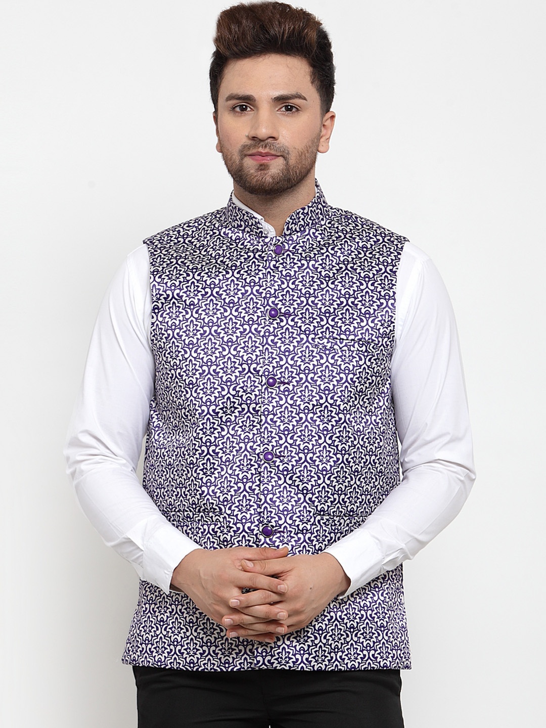 

Jompers Men Purple Printed Nehru Jacket