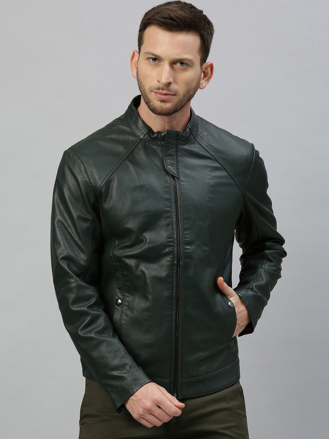 

RARE RABBIT Men Green Solid Insulator Leather Jacket