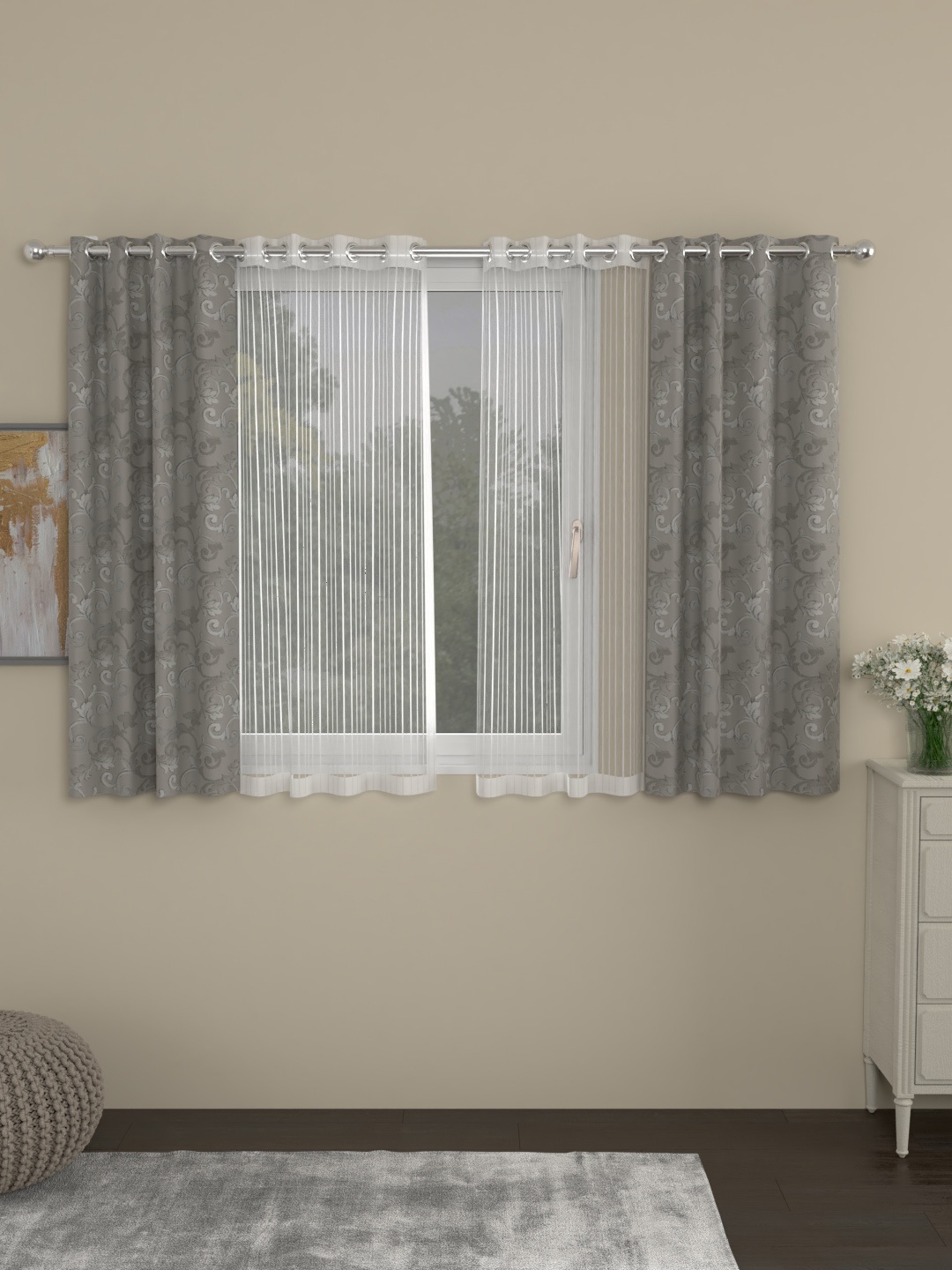 

ROSARA HOME Grey & White Regal Set of 4 Window Curtains